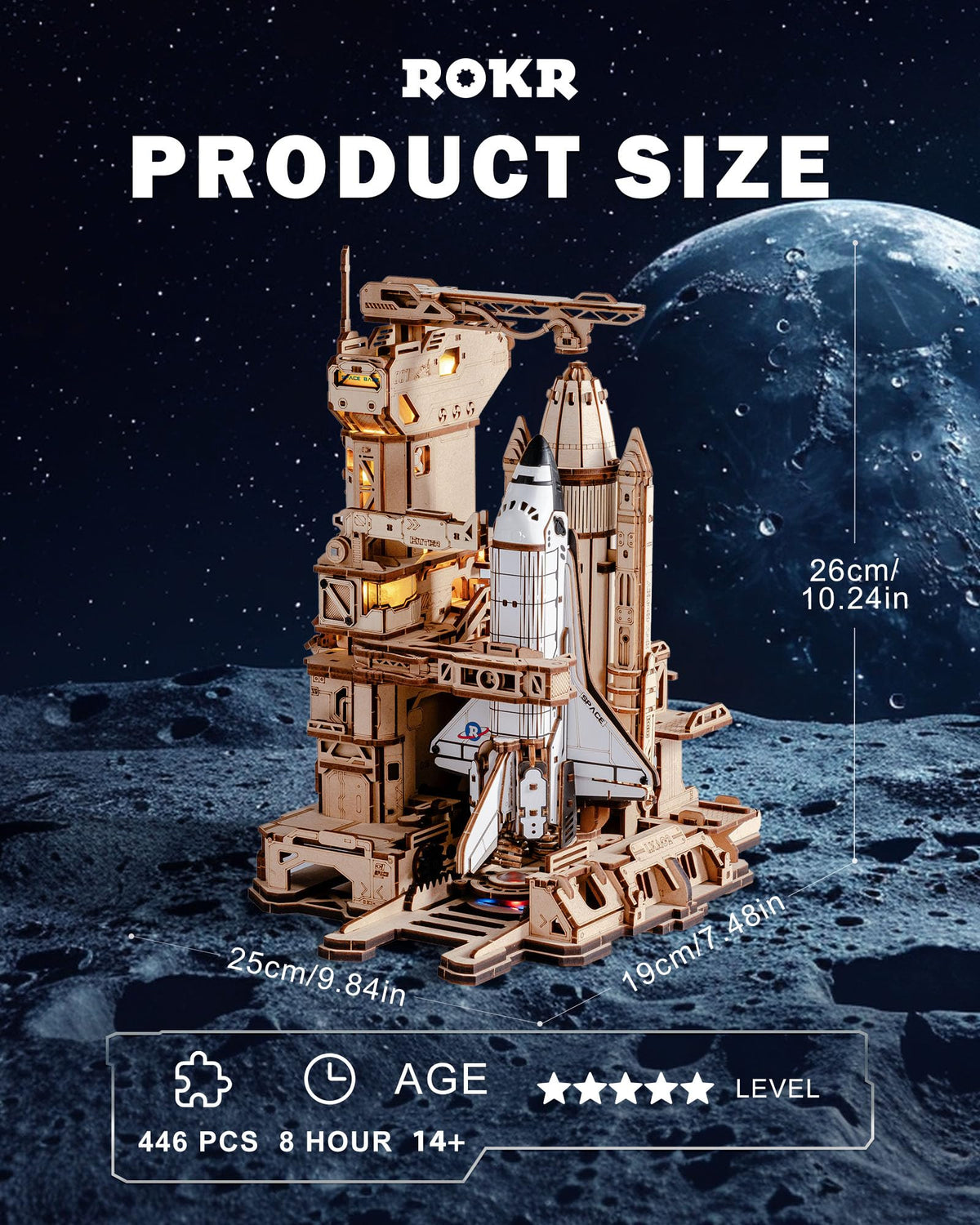 ROKR Space Shuttle model during the launch sequence with LED glow.