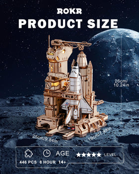ROKR Space Shuttle model during the launch sequence with LED glow.