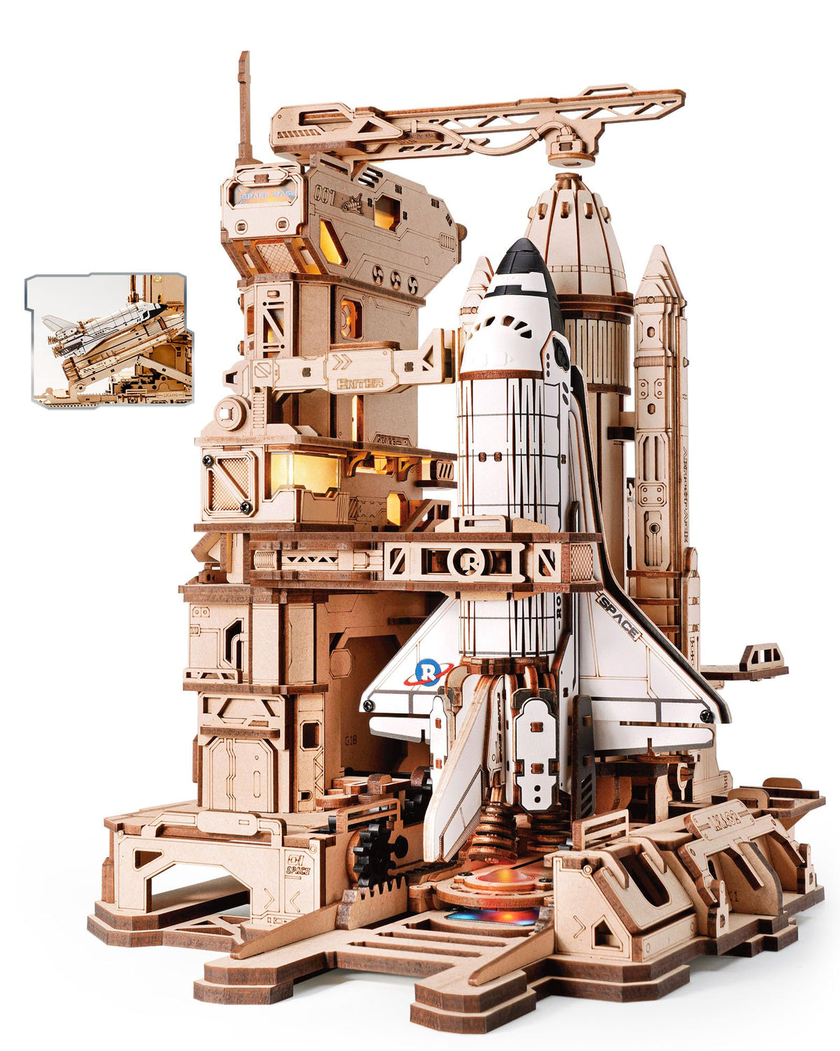 ROKR Space Shuttle puzzle assembly kit for adults with precise laser-cut pieces.