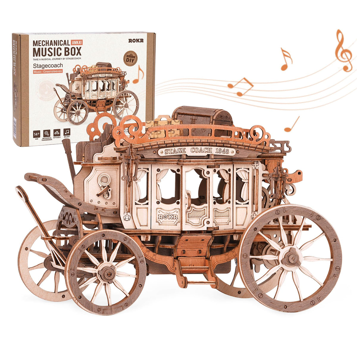ROKR Stagecoach puzzle parts pack showing laser-cut panels for precise assembly
