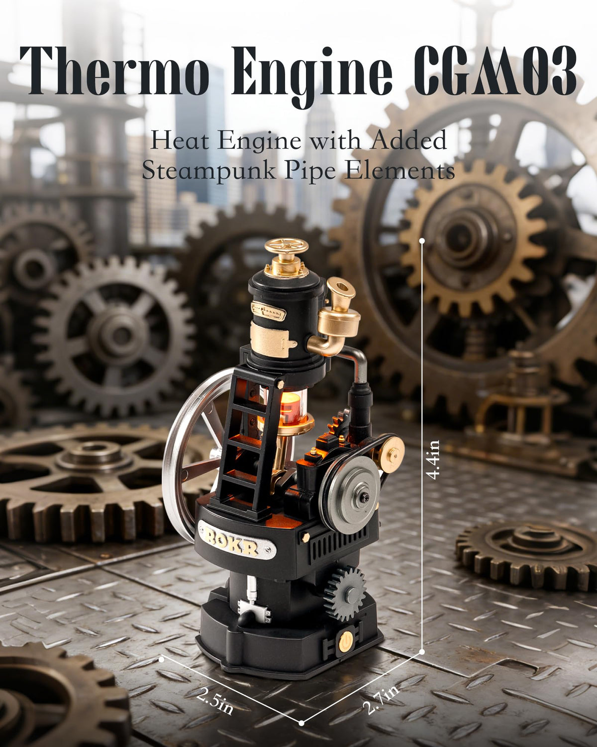 ROKR Thermo Engine front pulleys highlight precise mechanism in action.
