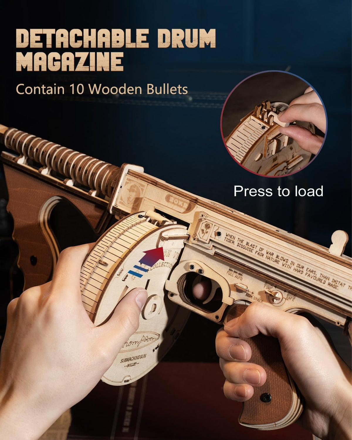 ROKR Tommy Gun assembled display view emphasizes elegant motifs and collectible appeal