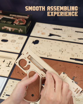 ROKR Tommy Gun near-complete build close-up shows precise fit and laser-cut accuracy
