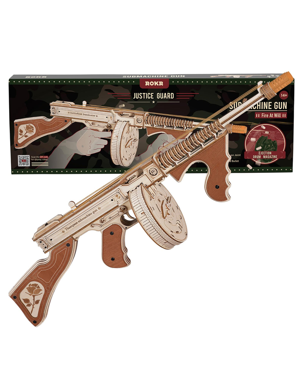 ROKR Tommy Gun 3D puzzle front view shows precise laser-cut pieces for a satisfying build