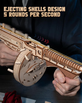 ROKR Tommy Gun model kit side view highlights clean joints and durable plywood construction