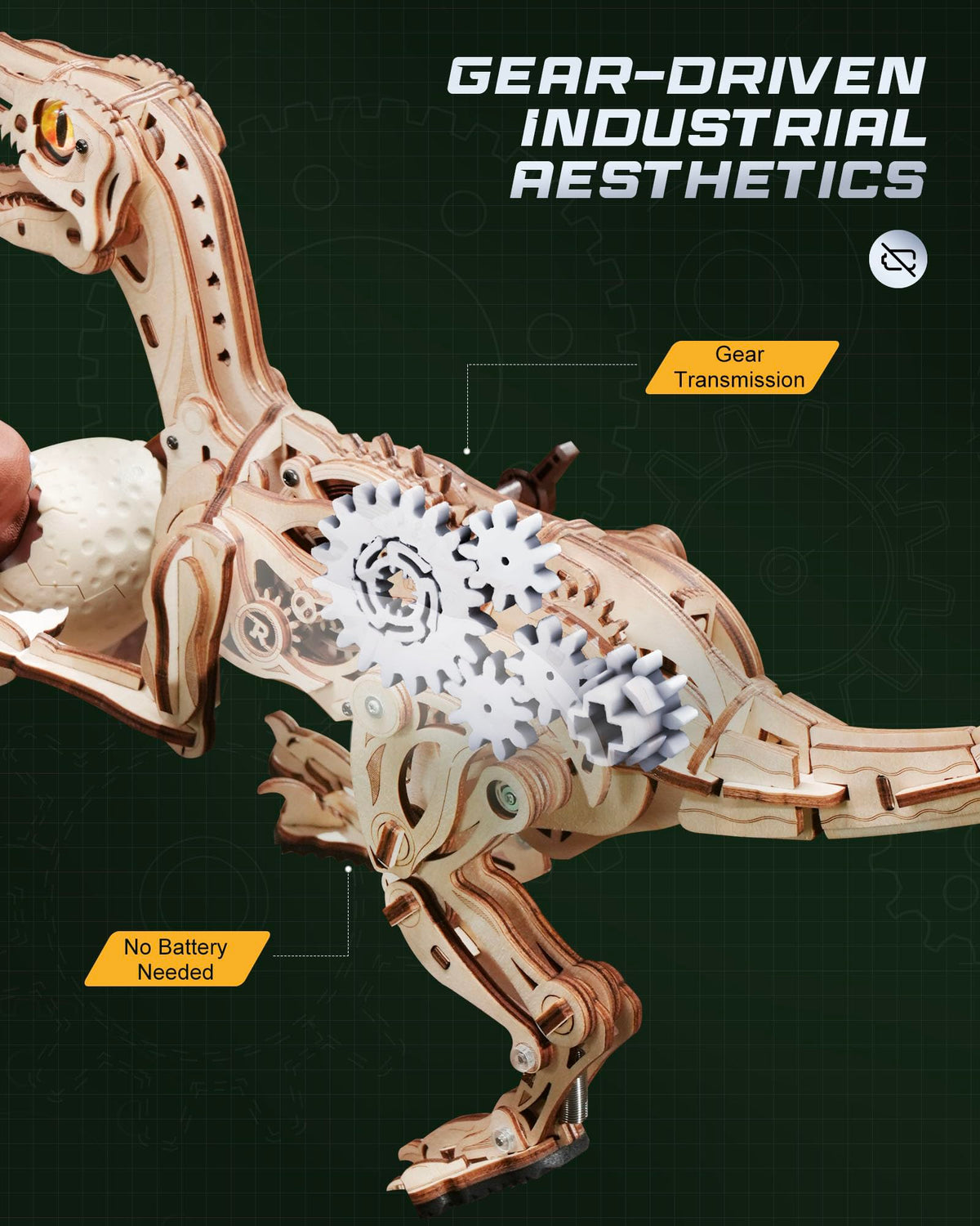 ROKR transparent mechanism dino assembly highlights engineering details.