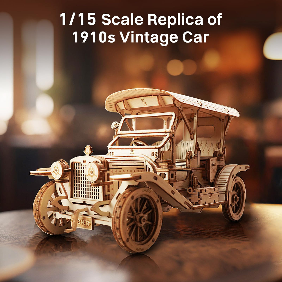 ROKR wooden puzzle car kit laser-cut parts ensure precise, satisfying assembly