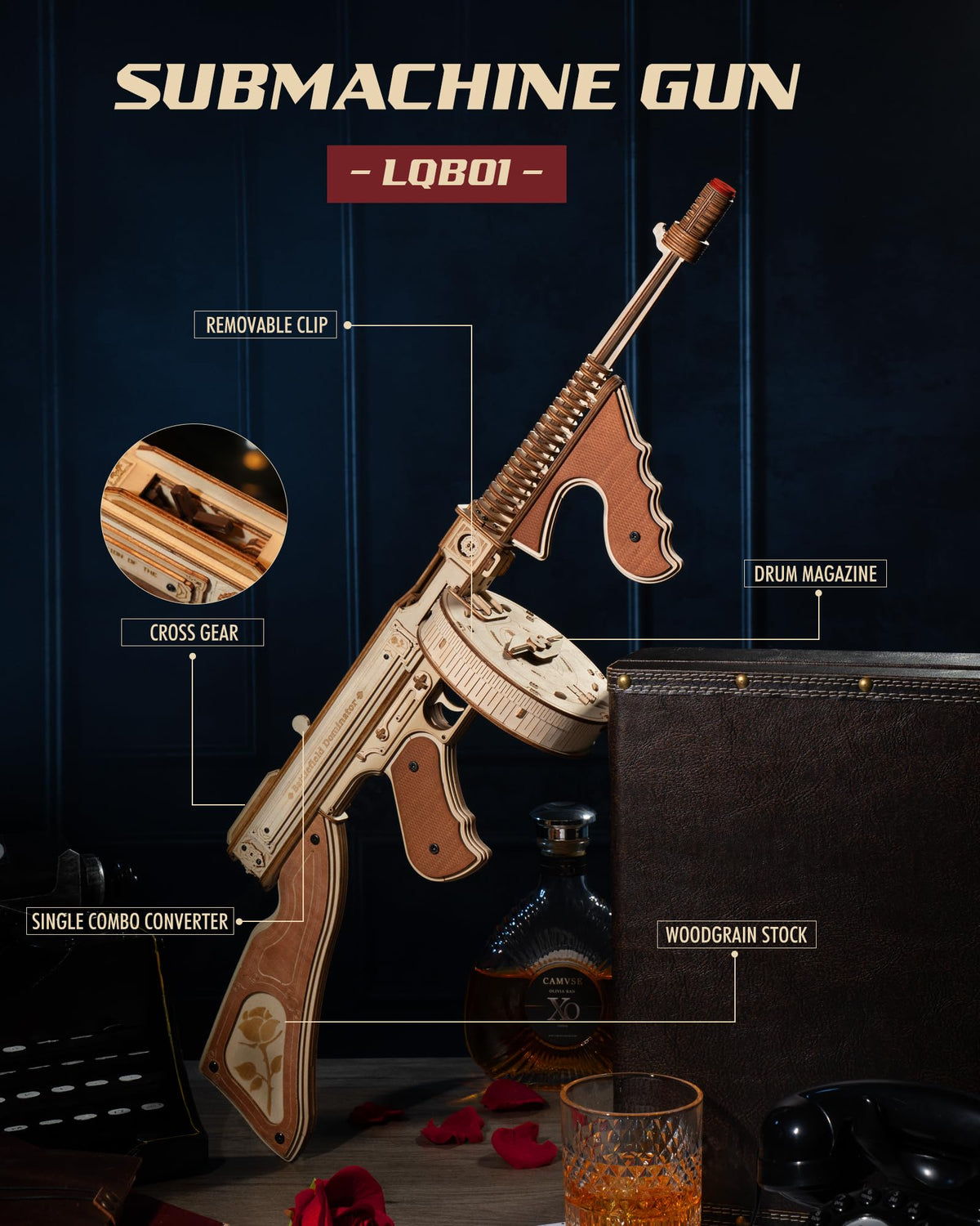 ROKR wooden shooter drum magazine demonstrates detachable design for authentic reload practice.