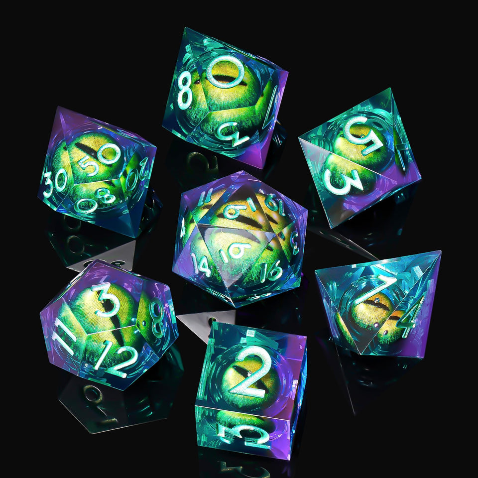 Role Dice Beholder's Dragon Eye DND dice set in green and purple for immersive campaigns.