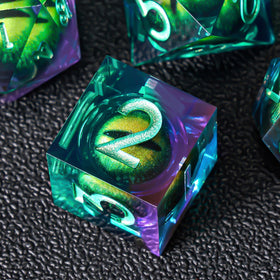 Role Dice gift box presentation showcasing the complete seven-piece Beholder's Dragon Eye set.