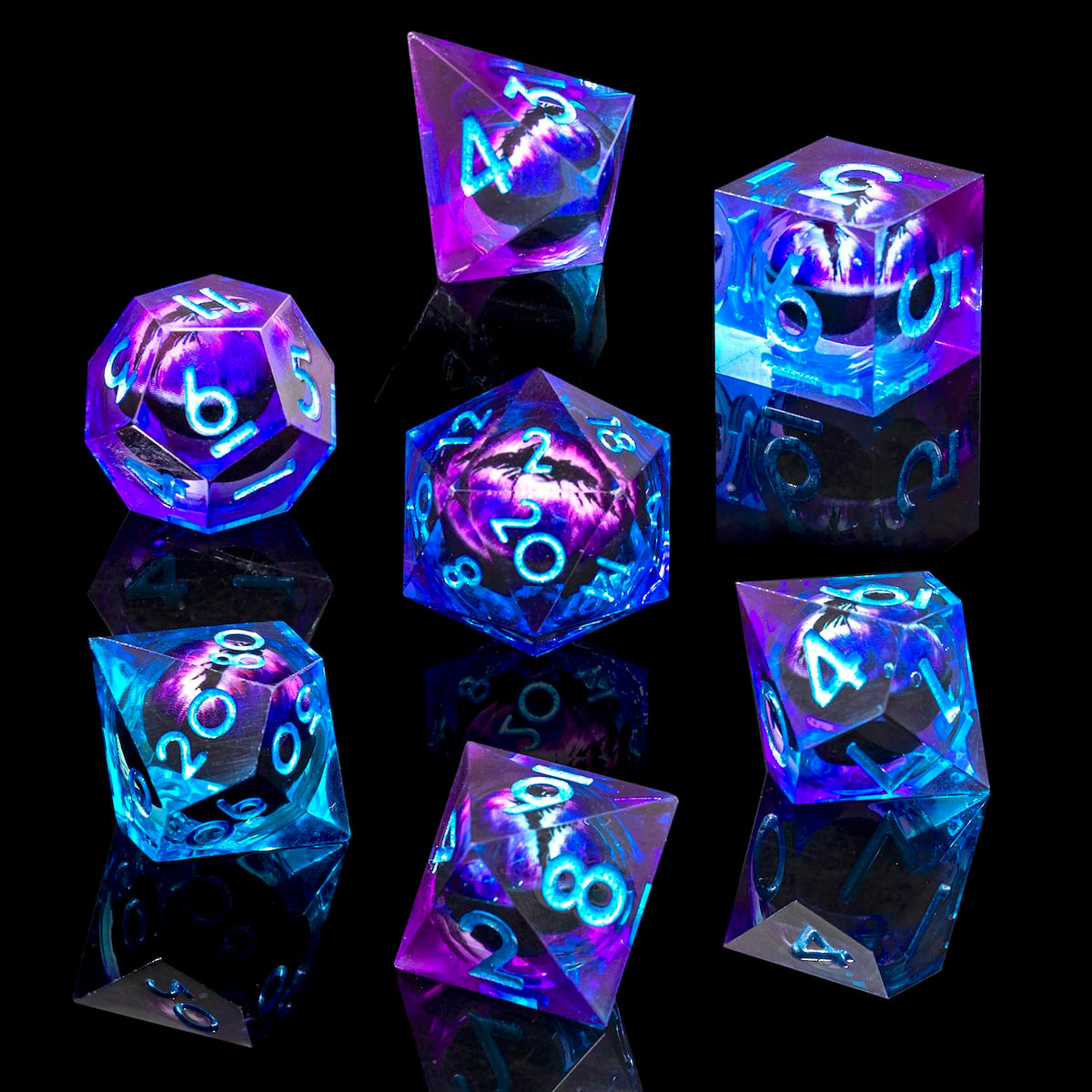 Role Dice Beholder's Dragon Eye DND dice in blue purple, eye-catching resin design for RPG play.