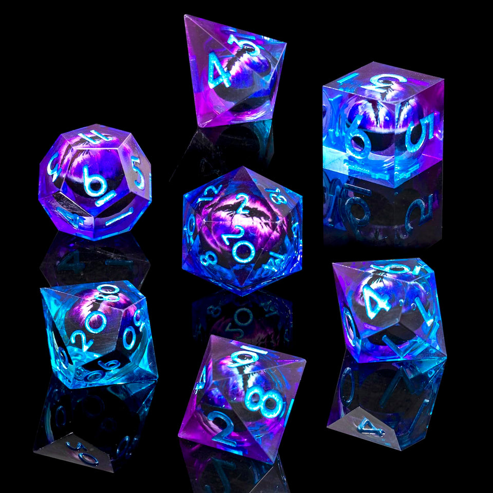 Role Dice Beholder's Dragon Eye DND dice in blue purple, eye-catching resin design for RPG play.