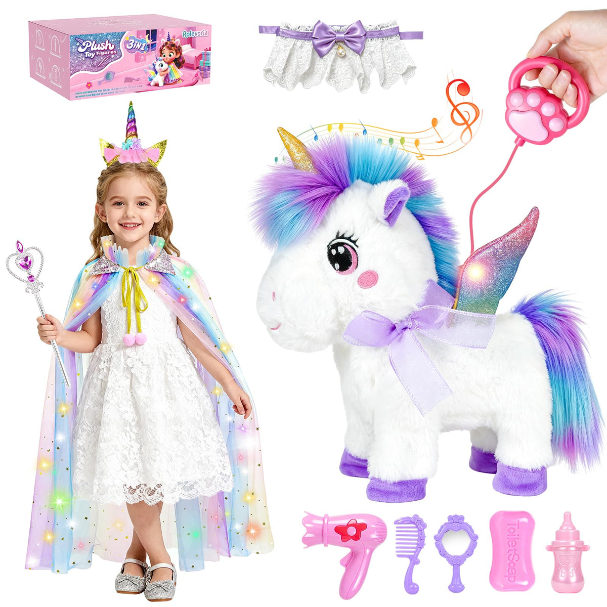 Rolevoria unicorn toy walking with lights and wagging tail for imaginative play.