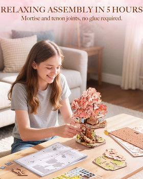Rolife 3D puzzle sakura pink blossoms highlighting calming, mindful building
