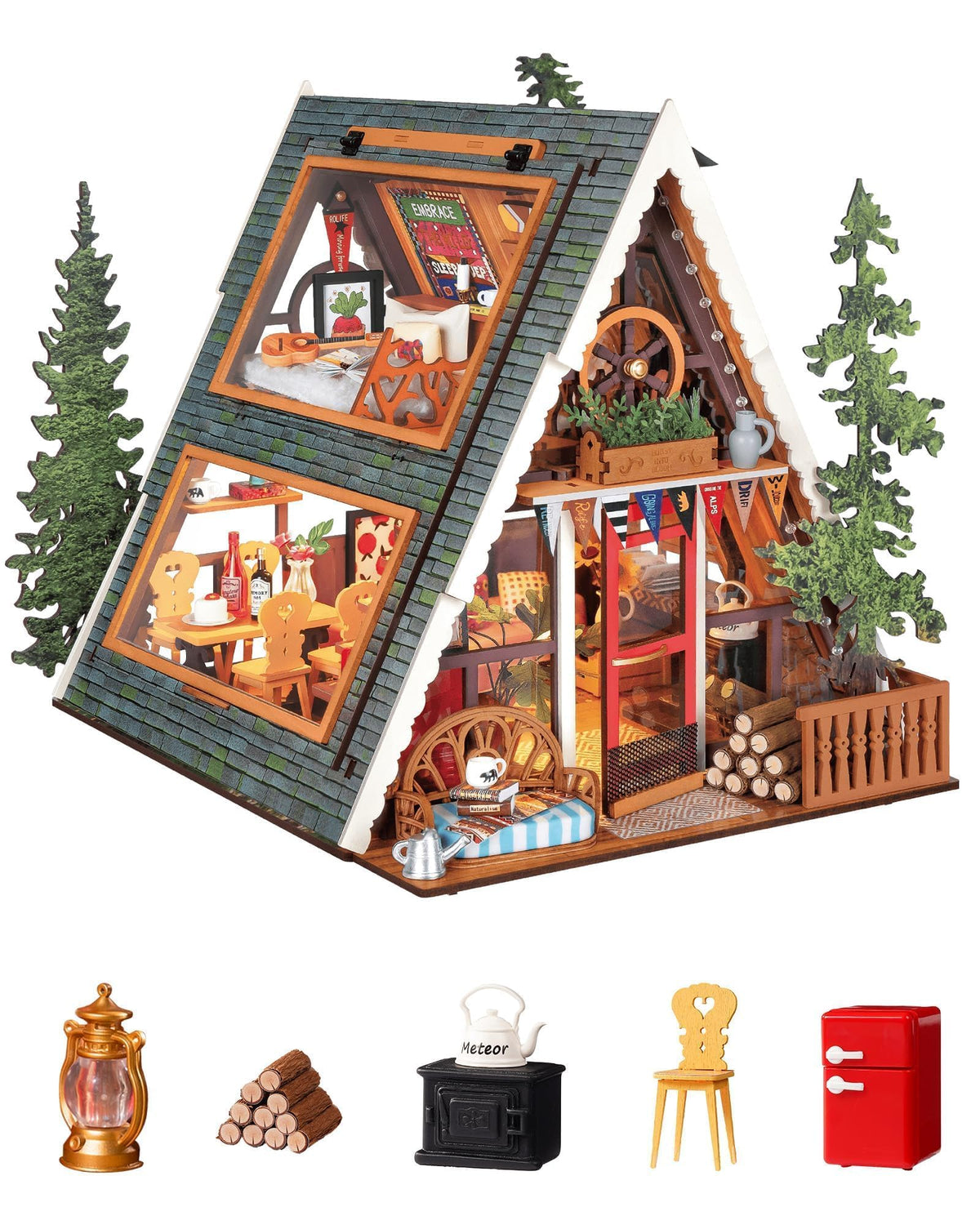 Rolife A-Frame Cabin with open skylight, showing interior detail for easy viewing.