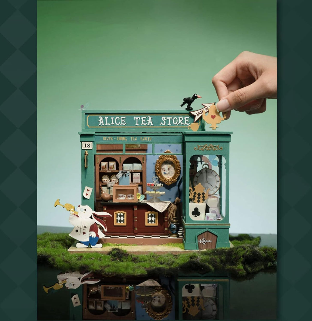 Rolife Alice's Tea Store window detail highlights delicate woodwork and glass accents