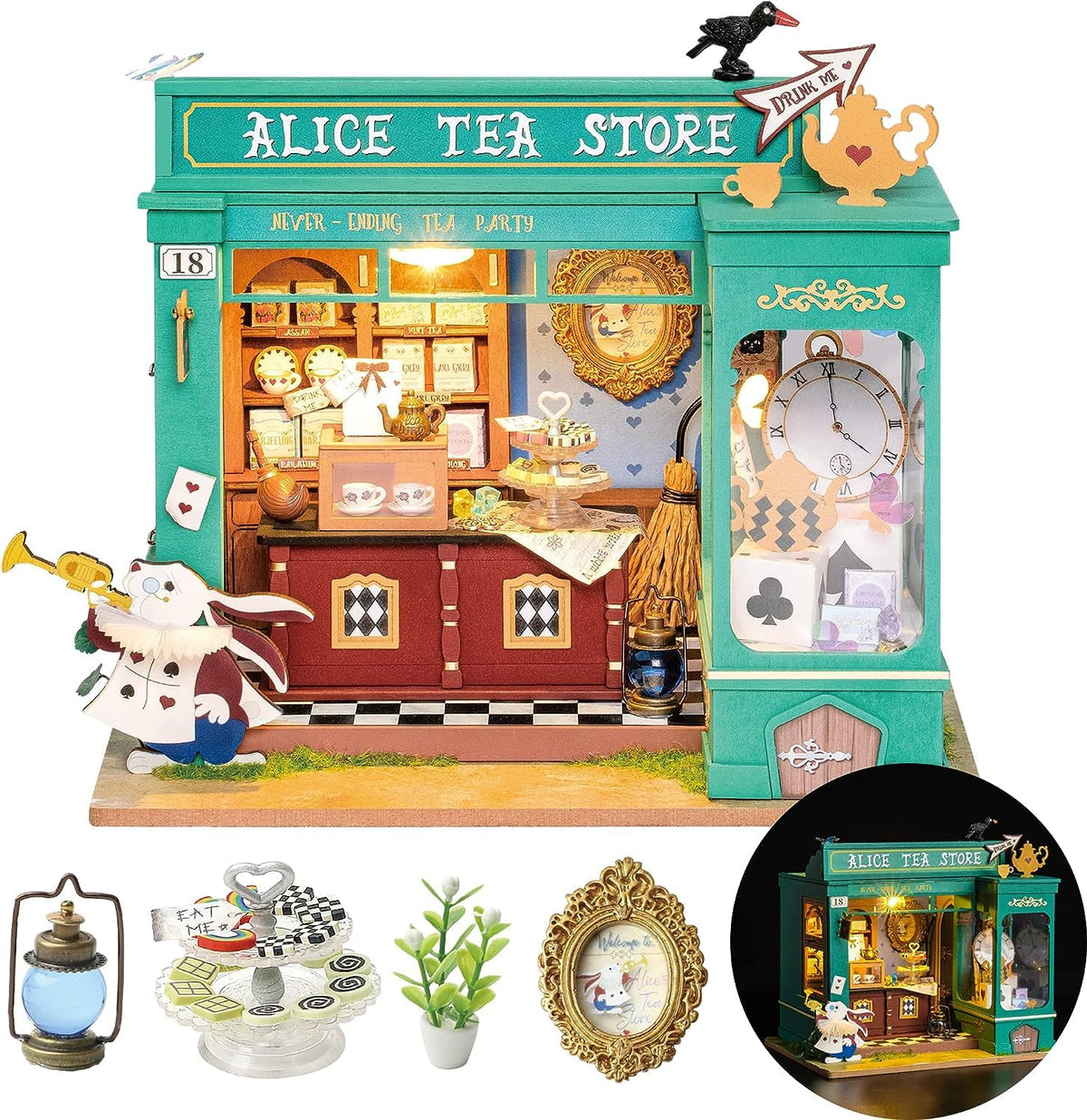 Rolife Alice's Tea Store dollhouse front view with charming storefront details for display
