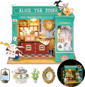 Rolife Alice's Tea Store dollhouse front view with charming storefront details for display