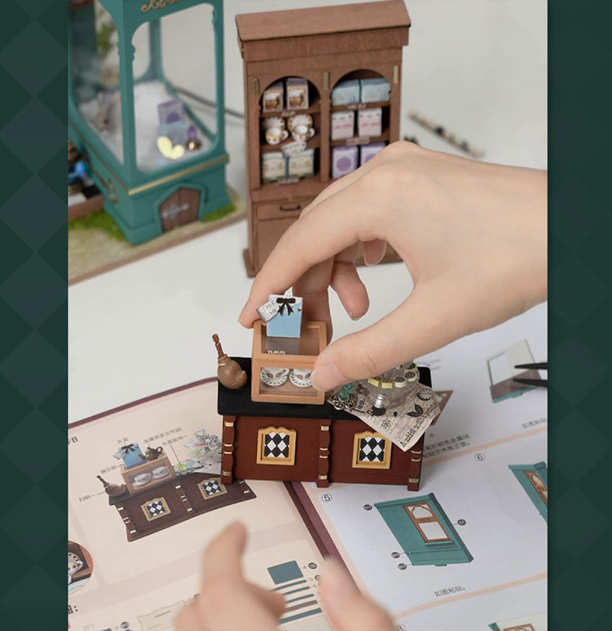 Rolife Alice's Tea Store dollhouse in progress inspiring mindful crafting sessions