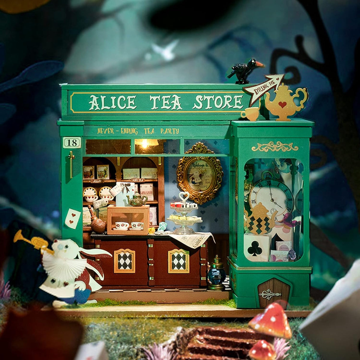 Rolife Alice's Tea Store materials pack displays wooden parts and fabrics for assembly