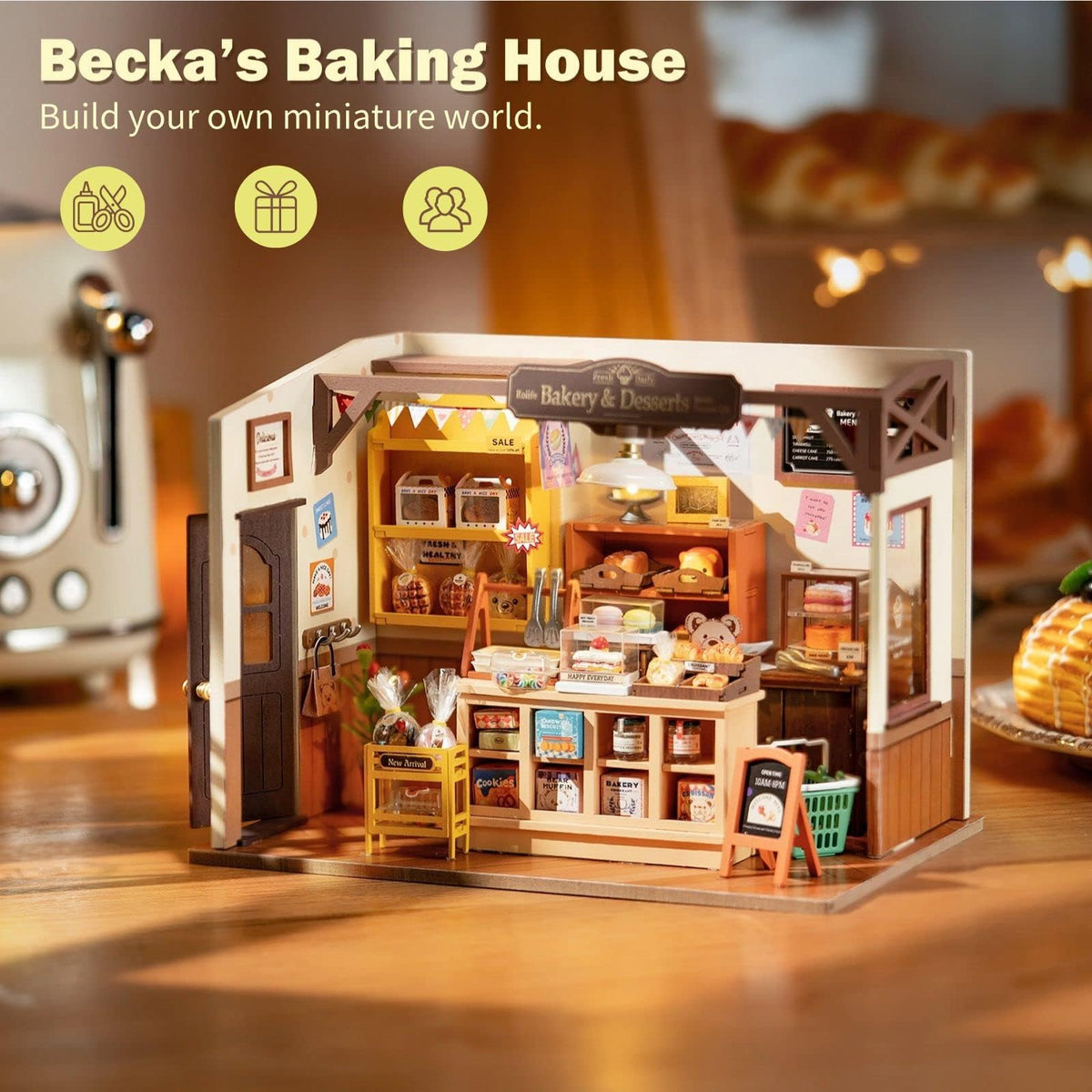 Rolife Becka's Bakery diorama interior with shelves and tiny accessories for realism