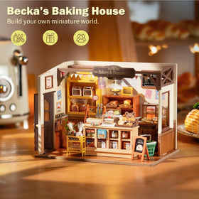 Rolife Becka's Bakery diorama interior with shelves and tiny accessories for realism