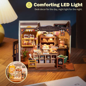 Rolife Becka's Bakery diorama LED lighting for warm cozy ambiance in miniature