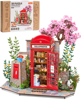 Rolife Blossom Book Booth assembly showing a charming miniature bookstore for desk decor