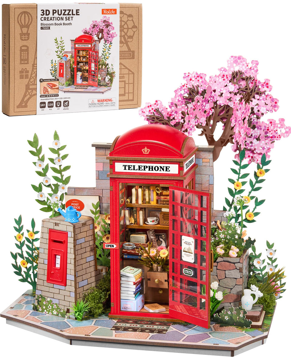 Rolife Blossom Book Booth assembly showing a charming miniature bookstore for desk decor