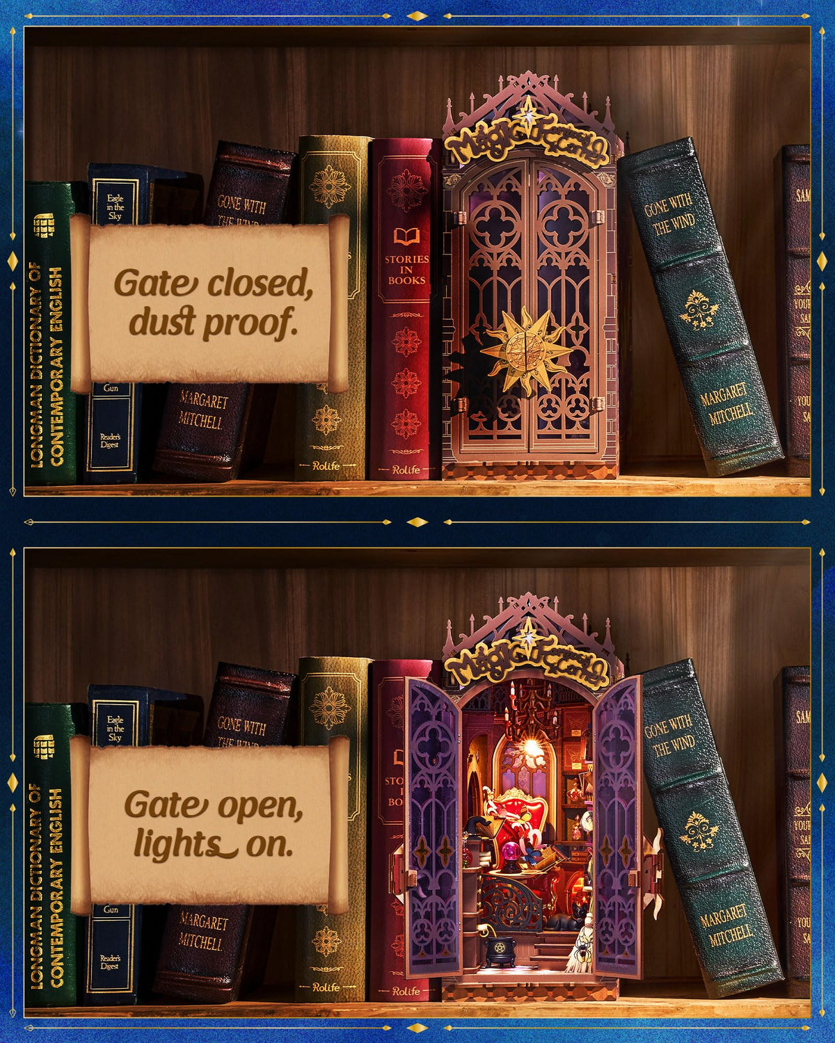 Rolife Book Nook auto-on lights illuminate the miniature room for day or night ambiance.