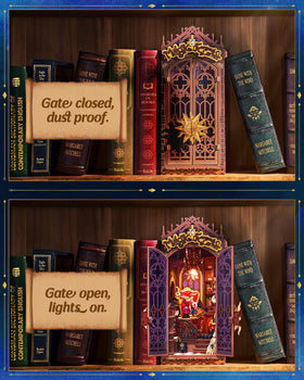 Rolife Book Nook auto-on lights illuminate the miniature room for day or night ambiance.