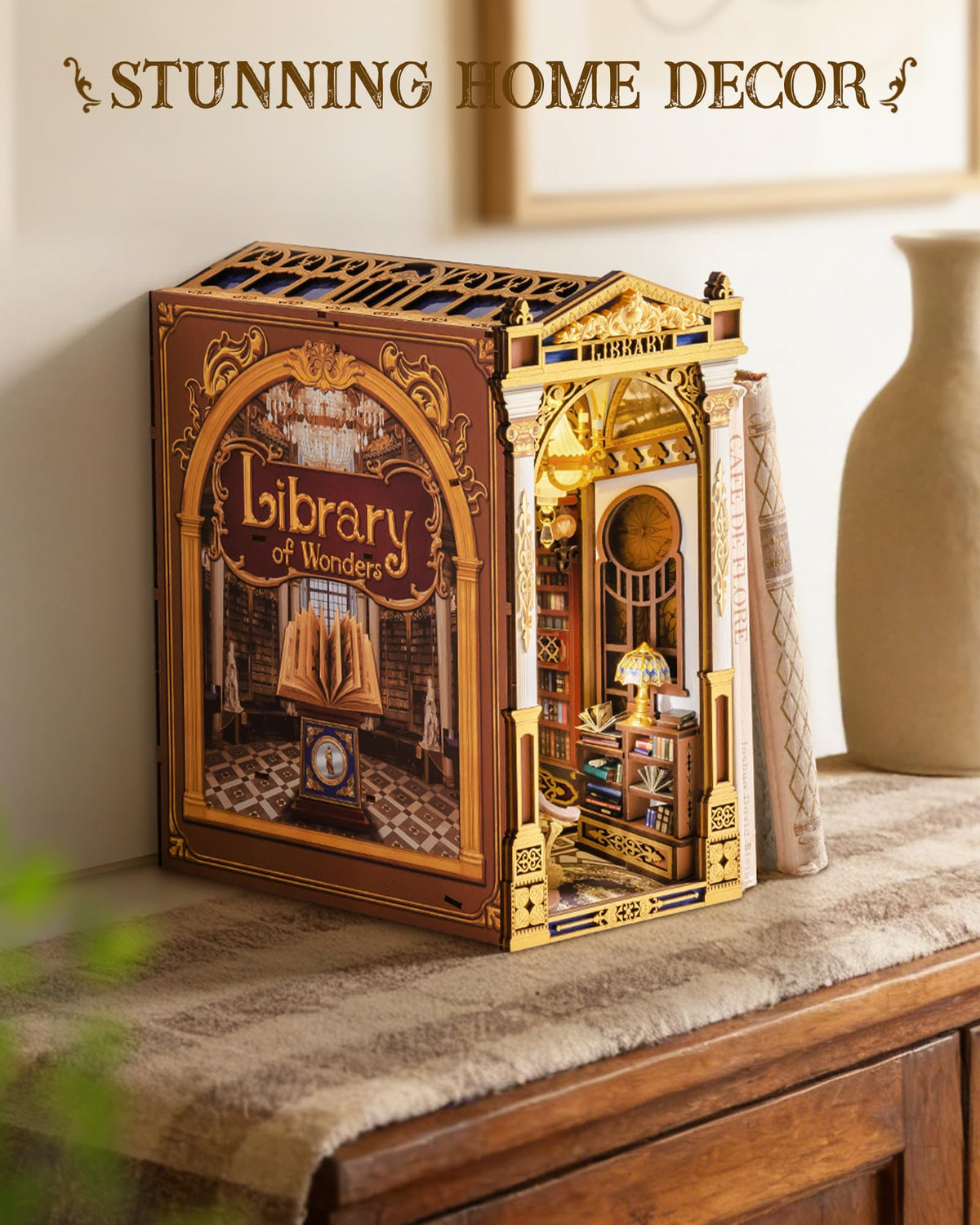 Rolife Book Nook backlit stained-glass window glows with serene library atmosphere