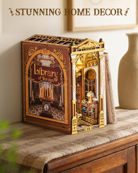 Rolife Book Nook backlit stained-glass window glows with serene library atmosphere