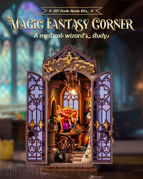 Rolife Book Nook glowing crystal ball enhances the miniature scene with a soft purple glow.