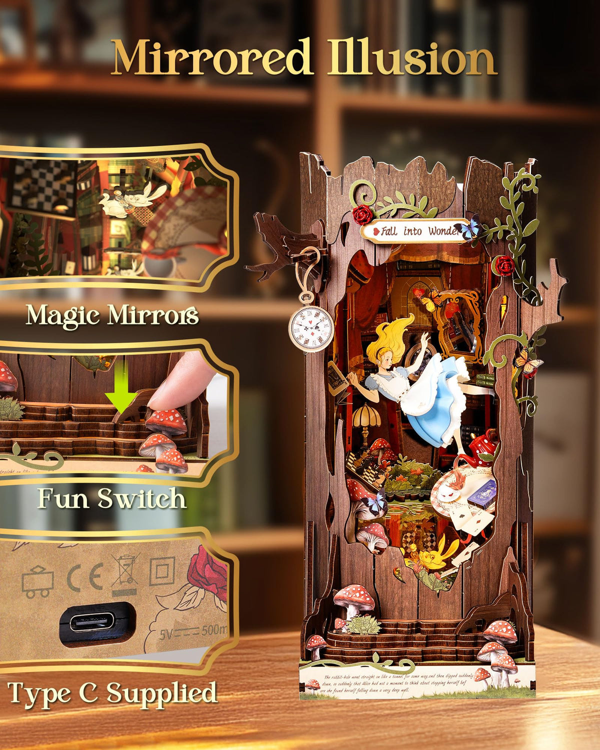 Rolife Book Nook Kit mushroom button offers tactile crafting moment.