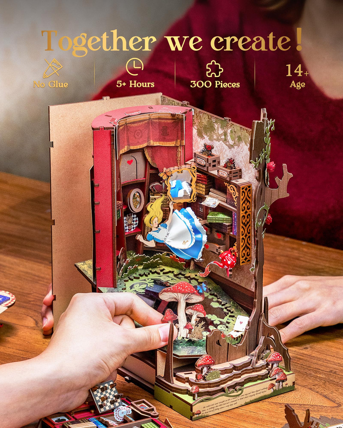 Rolife Book Nook Kit snap-fit pieces enable glue-free assembly for beginners.
