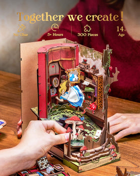 Rolife Book Nook Kit snap-fit pieces enable glue-free assembly for beginners.