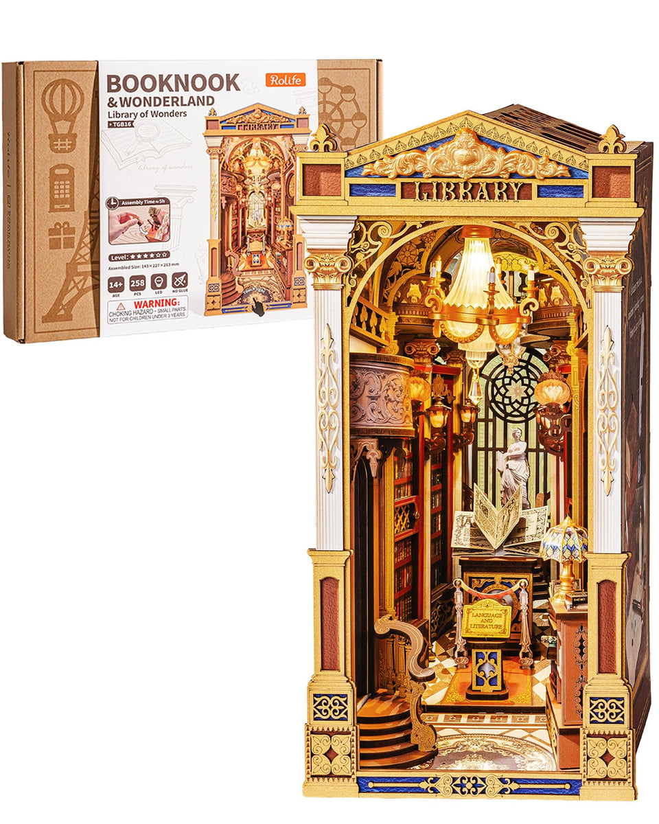 Rolife Book Nook Library of Wonders kit packaging for easy setup