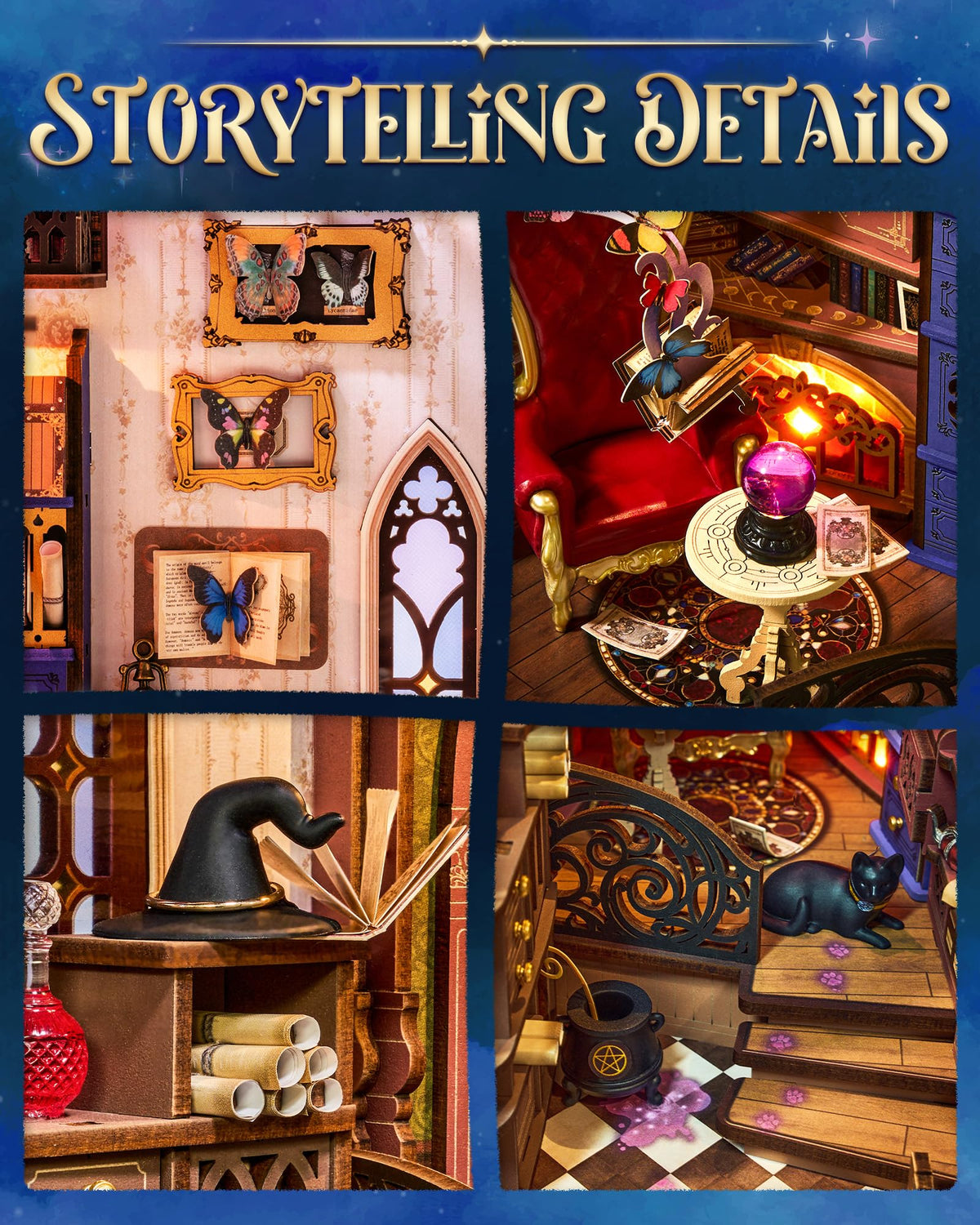 Rolife Book Nook spellbooks and tarot cards add rich storytelling details for display.