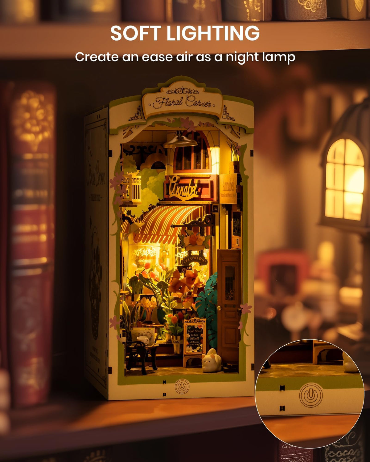 Rolife Booknook LED-lit European Villa scene emits a warm glow
