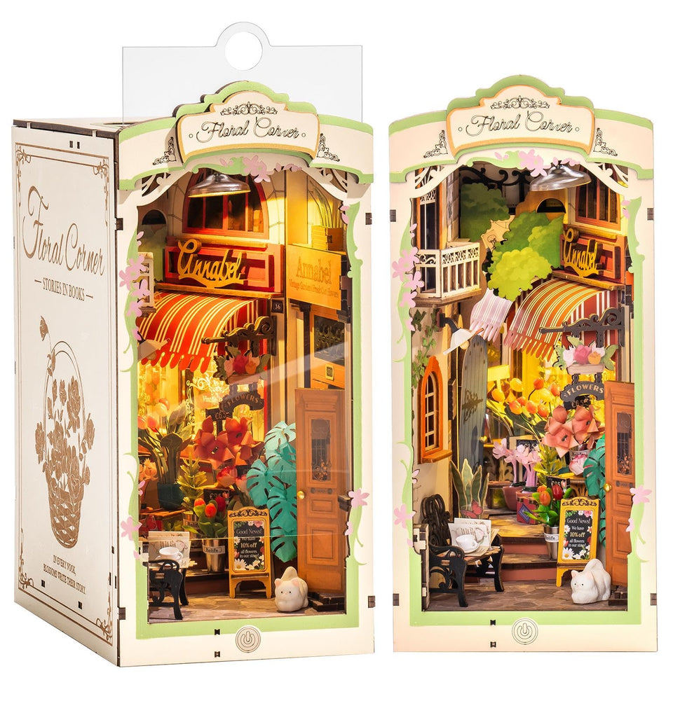 Rolife Booknook Flower Shop LED scene adds romantic ambiance to your shelf