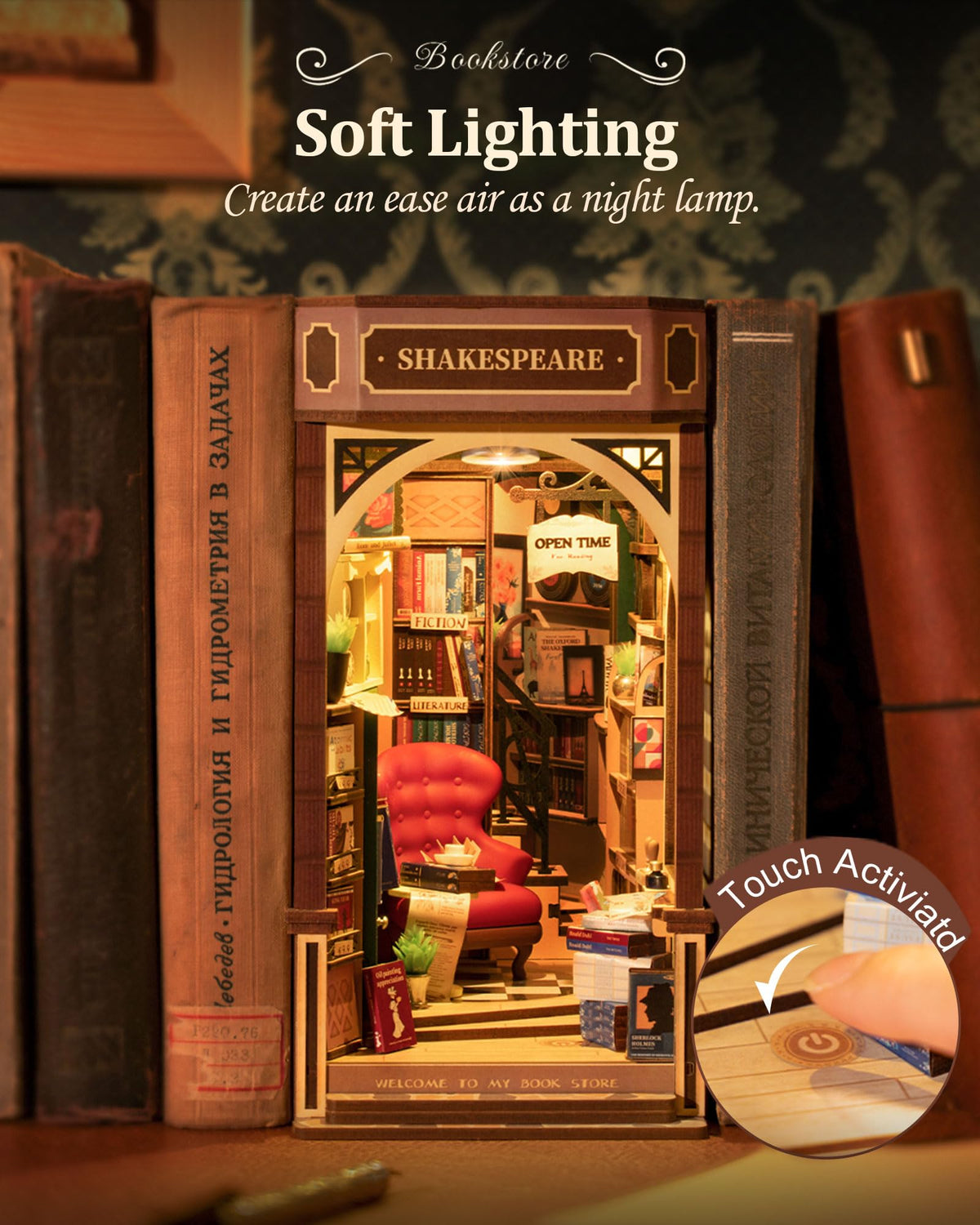Rolife booknook toolkit with instructions, screwdriver, and light components.