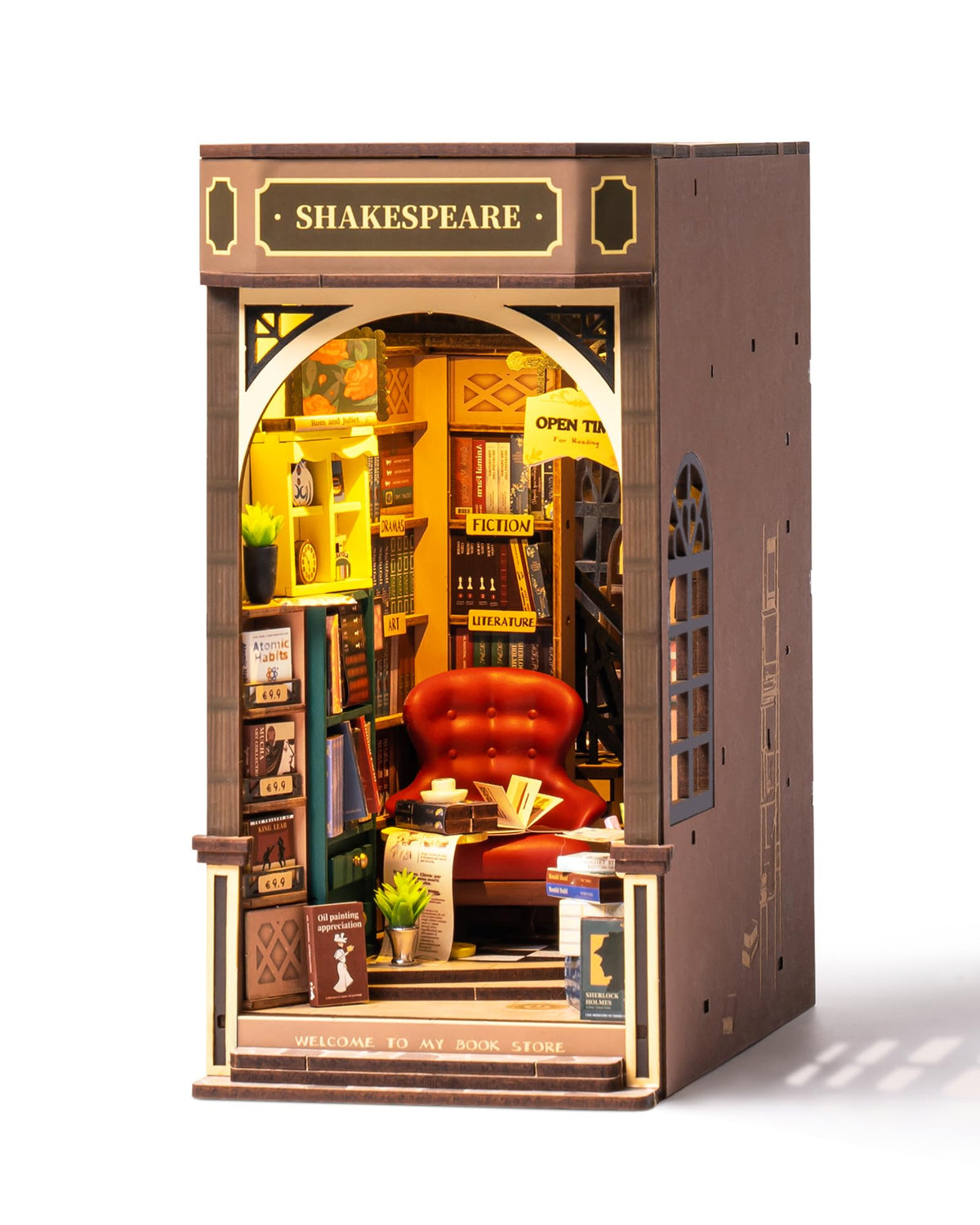 Rolife booknook Shakespeare storefront lit for cozy reading ambience.