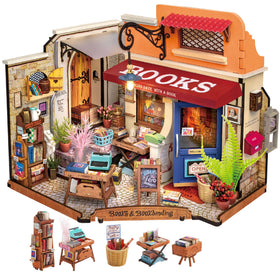 Rolife Bookstore miniature facade for a cozy shelf display.