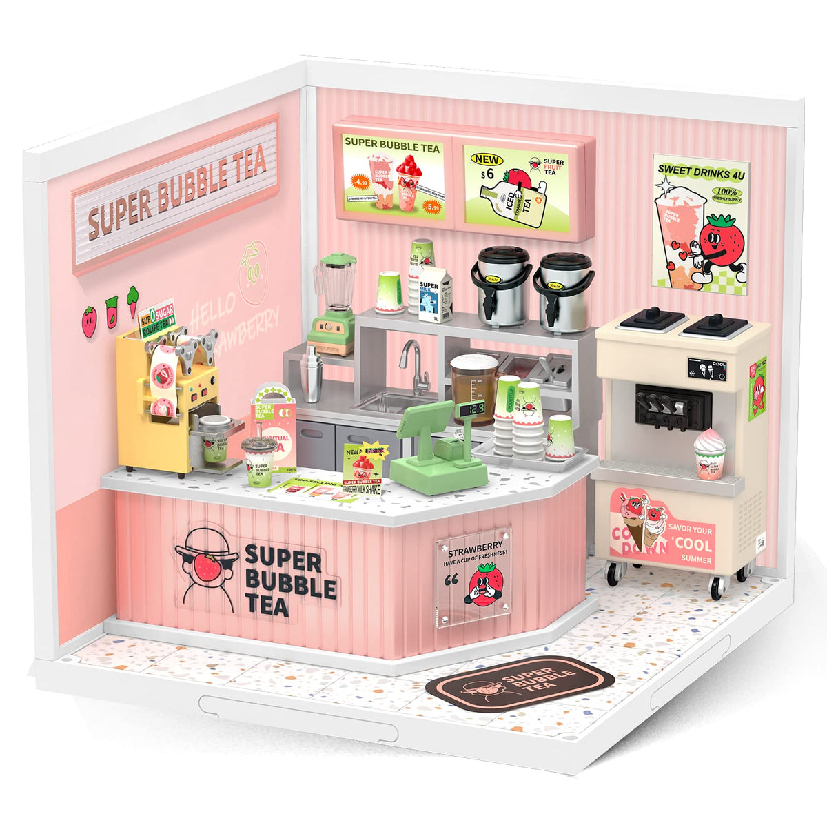 Rolife Bubble Tea Store workbench detail ideal for easy assembly and display.
