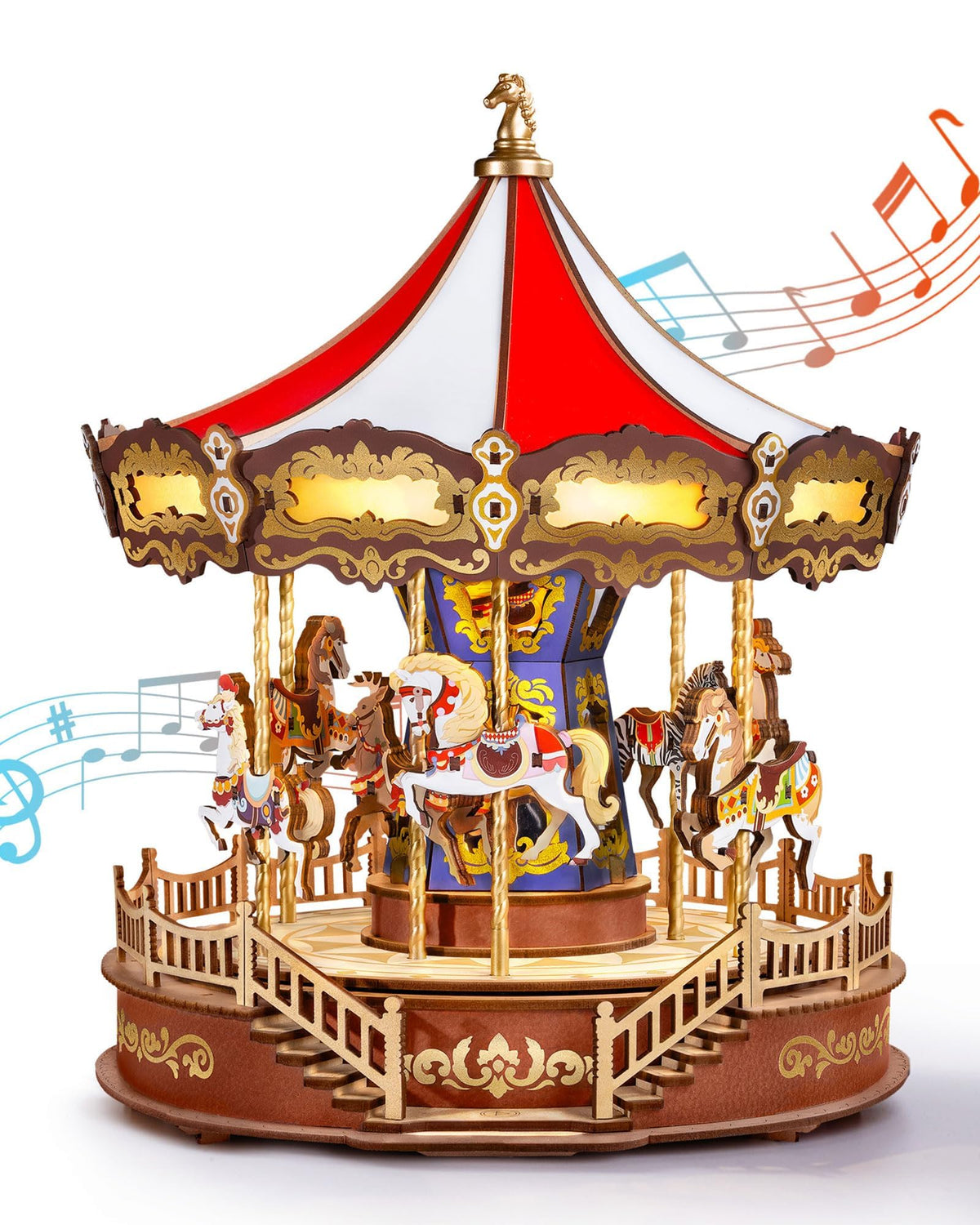 Rolife carousel puzzle assembly shows the wooden interlocking pieces forming a detailed display.