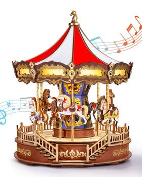 Rolife carousel puzzle assembly shows the wooden interlocking pieces forming a detailed display.