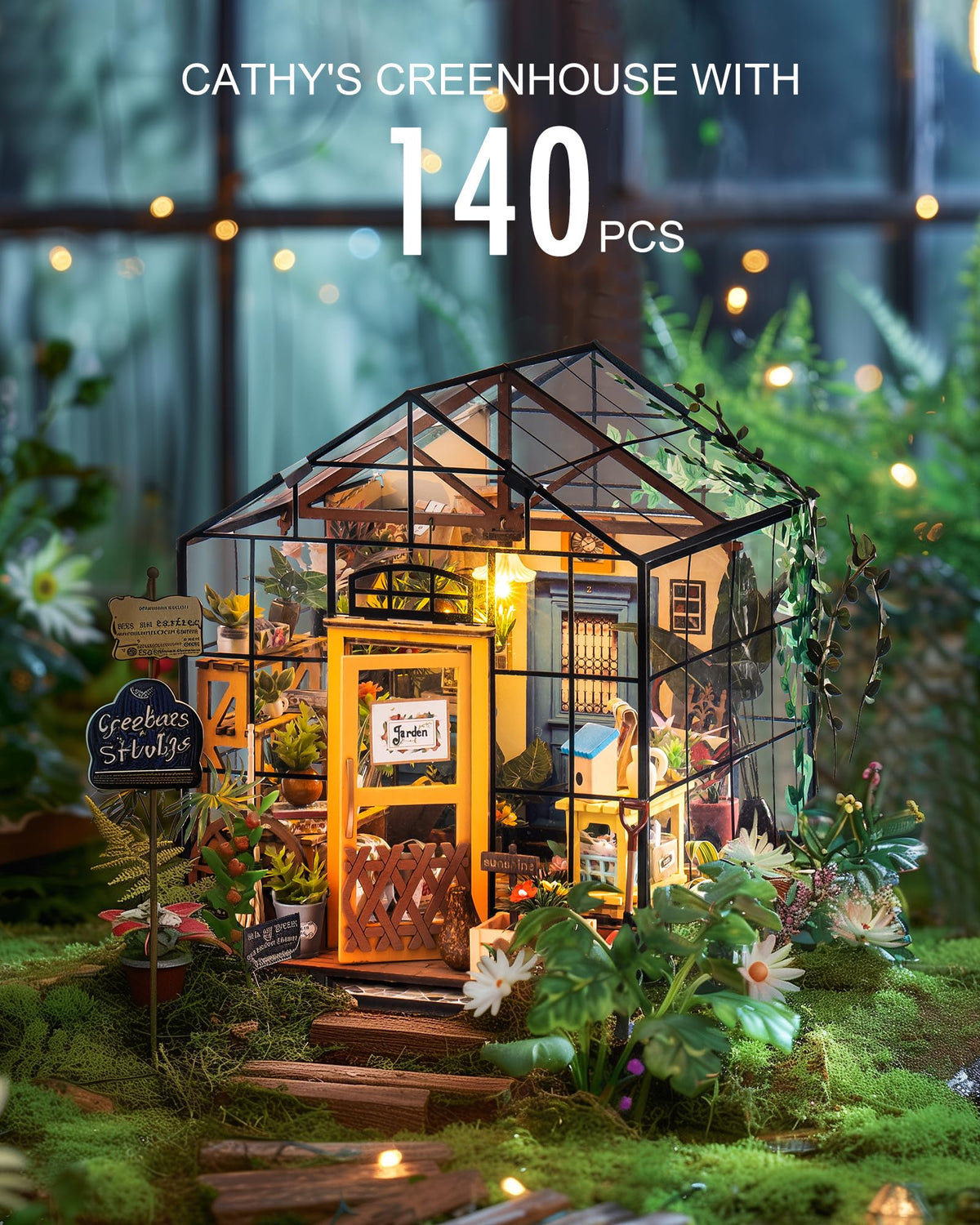 Rolife Cathy’s Greenhouse lush plants enhance cozy indoor diorama scenes.