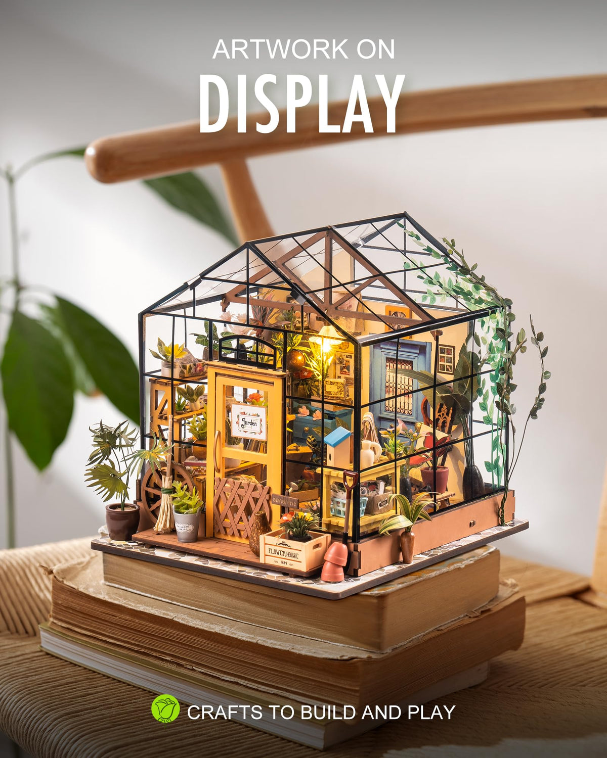 Rolife Cathy’s Greenhouse features pre-colored furniture for quick setup.