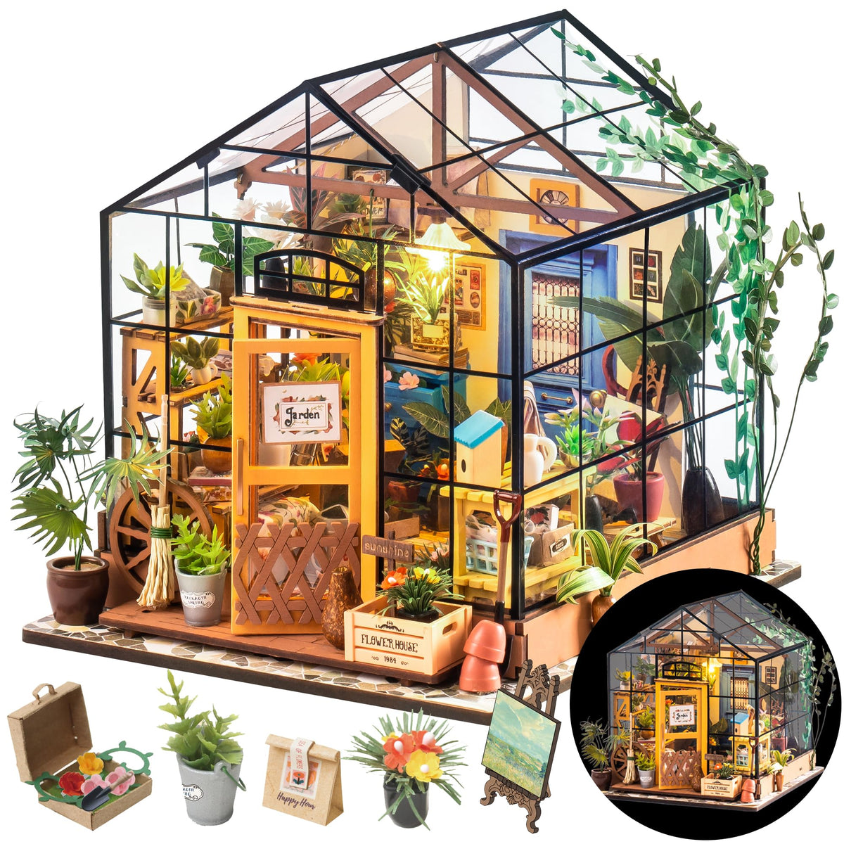 Rolife Cathy’s Greenhouse with transparent arch showcases an elegant tabletop display.